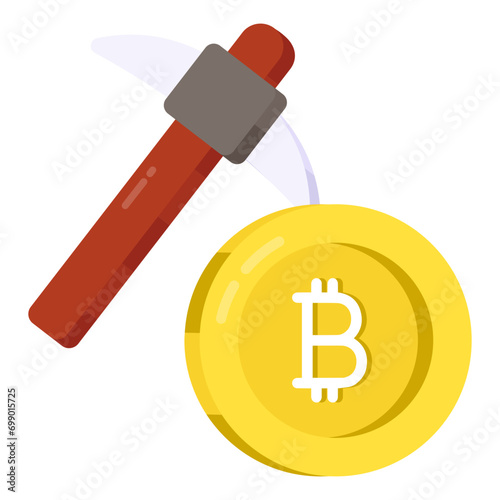 Pickaxe with mountain and btc showcasing bitcoin mining 

