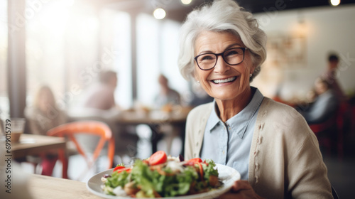 Joyful elderly woman with glasses presenting a fresh salad at a cafe, embodying healthy eating habits and active lifestyle.