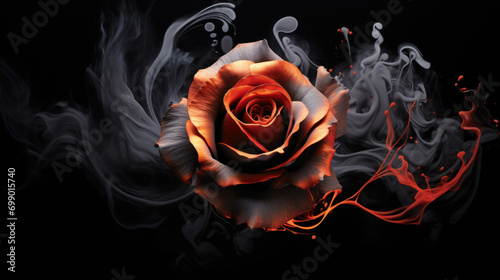 Artistic depiction of a rose enveloped in swirling smoke and splashes of vibrant paint on a dark background, symbolizing a blend of nature and art.