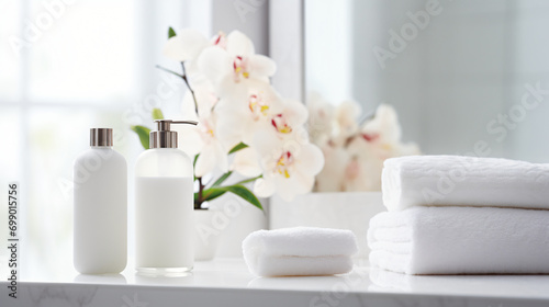 Spa products in the bathroom. Bottle of soap cosmetic