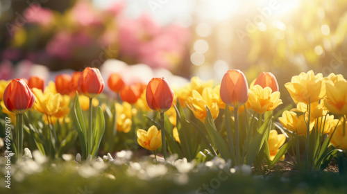 A vibrant array of tulips under the warm sunlight, creating a picturesque and colorful display of springtime beauty. © tashechka