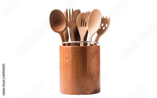 Beautiful Wooden Utensil Caddy With Various Kitchen spoons Isolated on Transparent Background PNG.