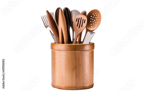 Stunning Wooden Utensil Caddy With Various Kitchen spoons Isolated on Transparent Background PNG.