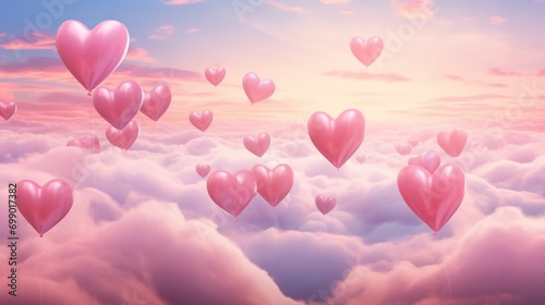 Heart-shaped balloons floating amidst a pink-hued, celestial canvas, creating a dreamy Valentine\'s Day wallpaper of ethereal romance - Clouds of Love.