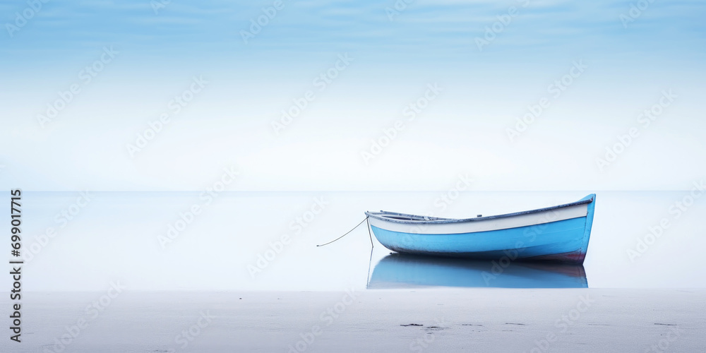 Blue boat in a calm sea waters near a beachline. Calm, tranquil landscape. Generative AI Blue boat in a calm sea waters near a beachline. Calm, tranquil landscape. Generative AI