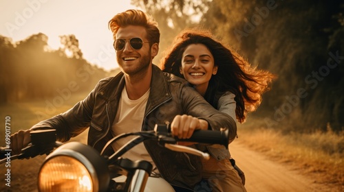happy couple riding a motorbike together in a picturesque countryside.