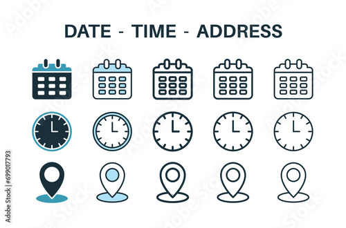 Line icons about location, time and date. Contains such icons as clock, schedule, calendar and pin. Editable stroke Vector 256x256 pixel perfect