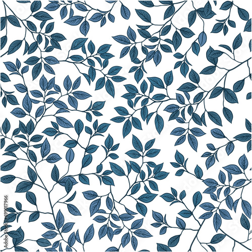 Leaves of tree crowns, seamless design. Elegant ornament of leafy branches. Trendy print on fabric. Fresh plant sprouting stems background template. Forest ornament.