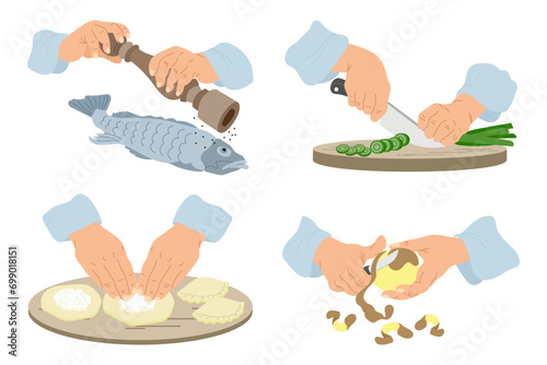 Work in the kitchen, clipart set. Hands peel potatoes, cut onions, cook fish, make pies. Food illustration, vector.