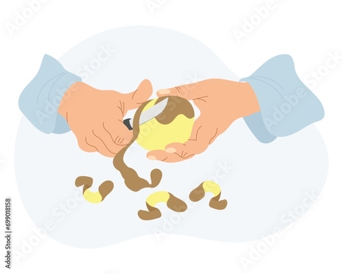 The work of a cook in the kitchen. Illustration of hands peeling potatoes. Food illustration, vector.