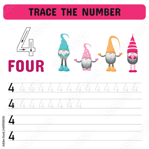 Trace the number . Tracing number worksheet for kindergarten, preschool for learning numbers and handwriting practice activities. Educational children game, printable worksheet. Vector illustration