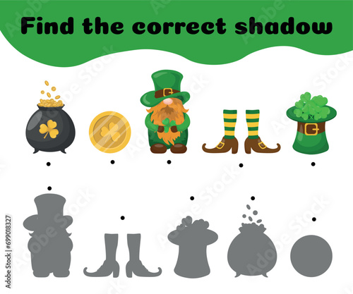 Find the correct shadows .Shadow matching game with hand-drawn cute Saint Patrick day symbols. Educational printable activity page for kids stock. Vector illustration