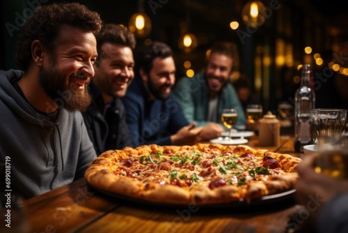 Happy young friends eating pizza in a restaurant photo
