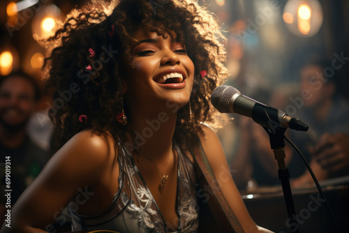 Young female playing the guitar and singing into a microphone in a bar