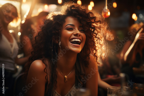 Happy young woman singing karaoke in night club on weekend
