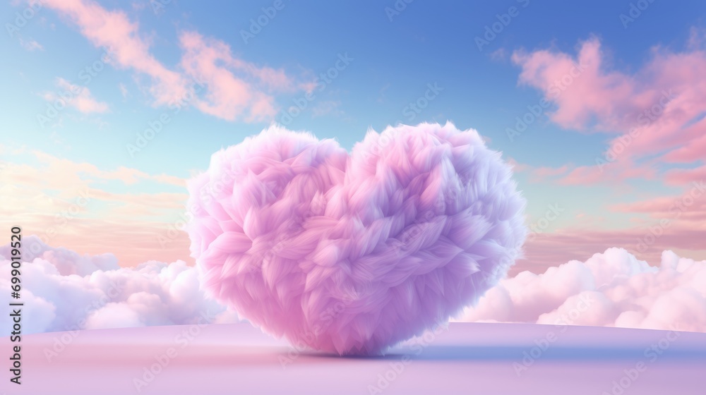 Fototapeta premium Fluffy plush heart background. Heart shape furry soft pillow or cushion illustration for web, card, poster, print, wallpaper. Valentine's day, love concept.