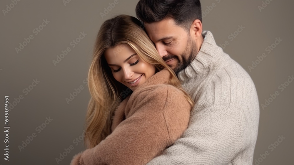 Portrait of happy young hugging couple background. Positive passionate married woman man hug embrace enjoy together wallpaper. St Valentines, Hug Day concept. Portrait of happy young hugging couple background. Positive passionate married woman man hug embrace enjoy together wallpaper. St Valentines, Hug Day concept.