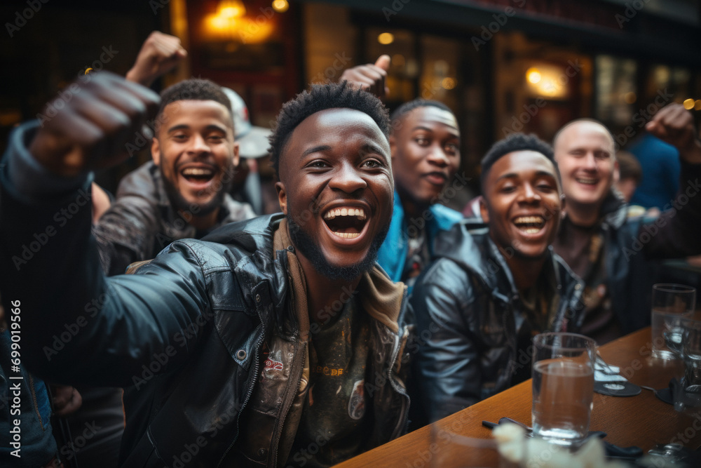 Group of happy young fans, celebrate victory of favorite team watching match in pub Group of happy young fans, celebrate victory of favorite team watching match in pub