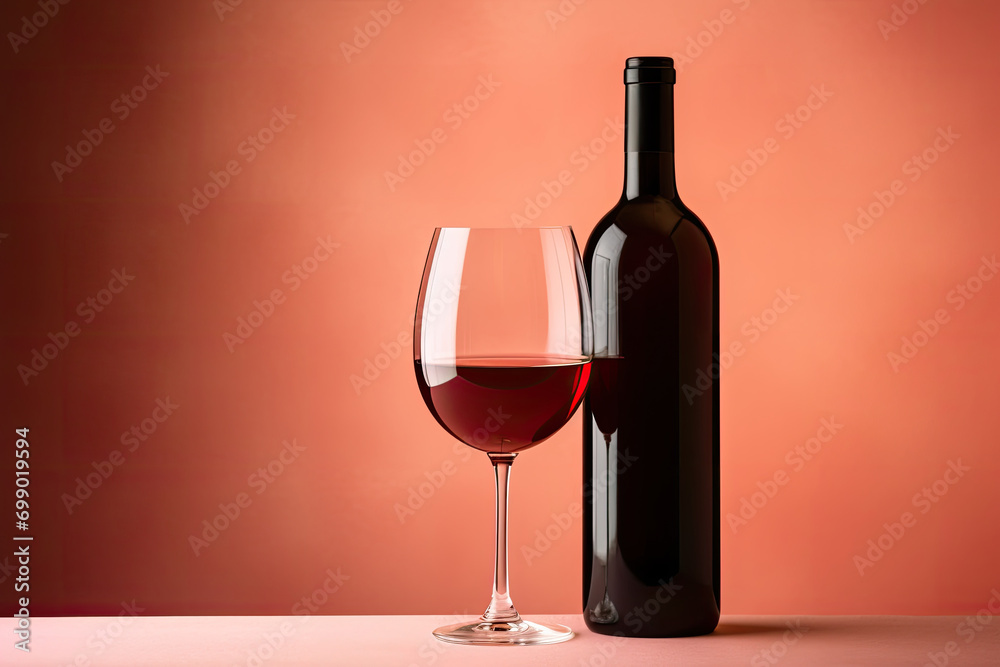 red wine bottle and glass on red bacground, copy space red wine bottle and glass on red bacground, copy space