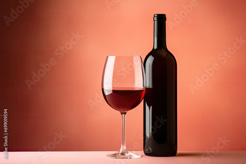 red wine bottle and glass on red bacground, copy space