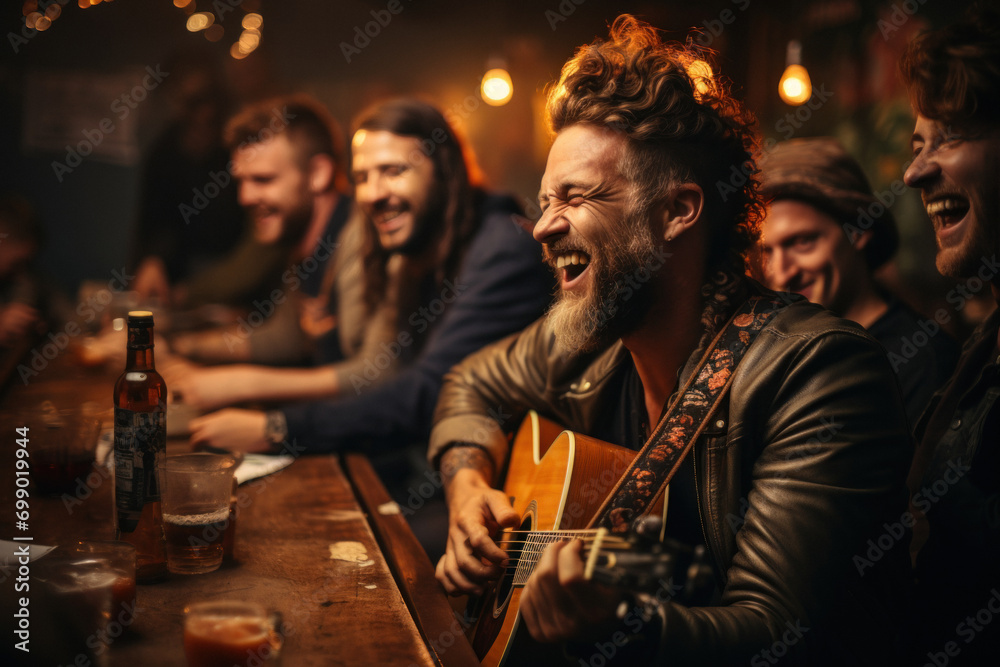 Young bearded male playing the guitar and singing into a microphone in a bar