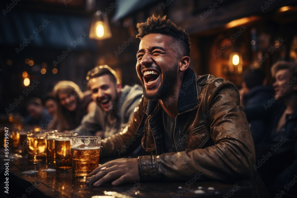 A young beautiful Caucasian man is sitting in the company of friends in a bar on a weekend