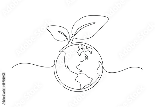 Continuous single line drawing of plant on earth on white background vector illustration. Pro vector. 