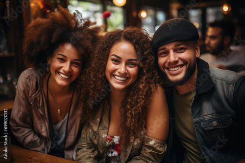 Group of happy friends taking selfie while celebrating in restaurant