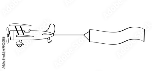Cartoon childrens plane line pattern. Travel icon. Airplane or air plane with empty label banner, clip art. Take Off, flight route. Drawing comic, aircraft sign. Aeroplane symbol. Kids jet symbol