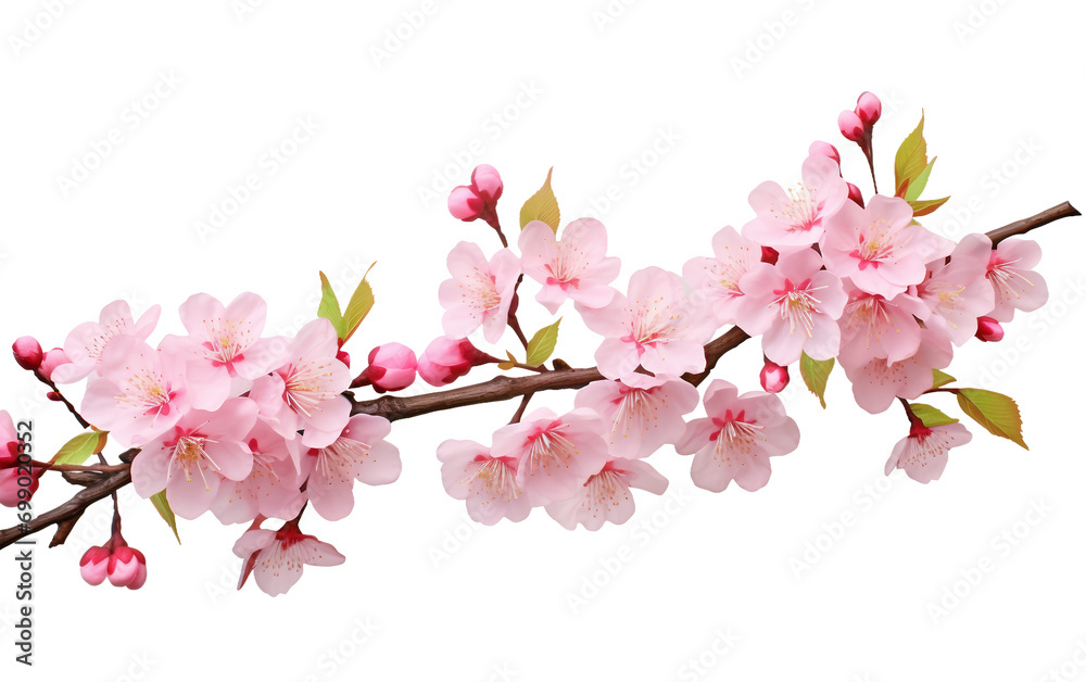 Cherry Blossom Branch with Delicate Pink Flowers On Transparent Background.