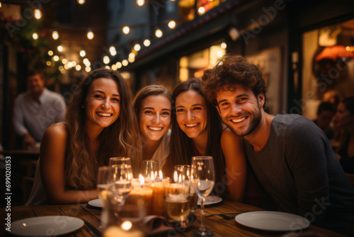 Young happy friends in celebrating birthday in a restaurant or pub