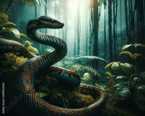 AI generated illustration of a snake coiled up in a green jungle