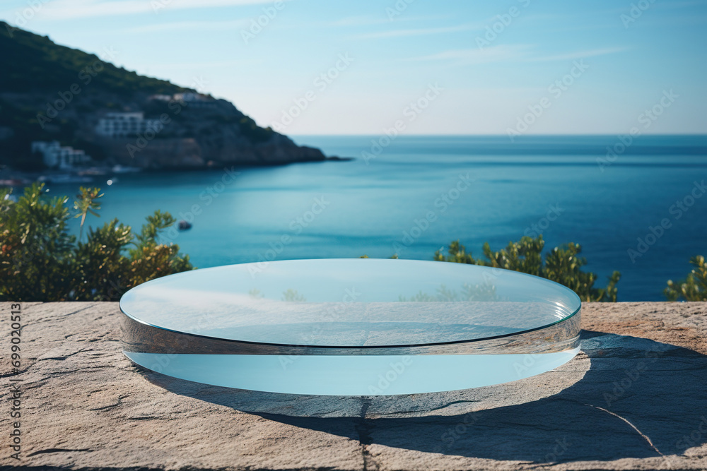 Glass 3D podium on a stone against the backdrop of the sea. Stage for product presentation. Generated by artificial intelligence