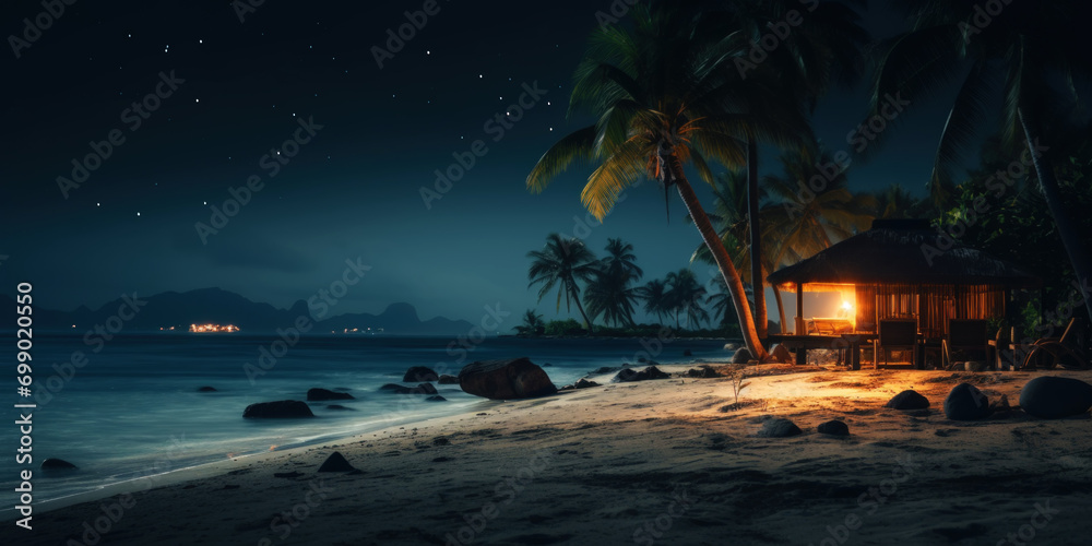 Naklejka premium Tropical beach at night with palms and bungalows. Seascape. Generative AI