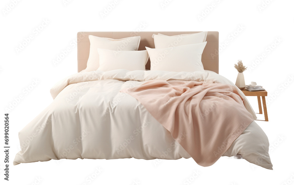 Coordinated Bed Linens and Pillows on a Made Bed On Transparent Background.