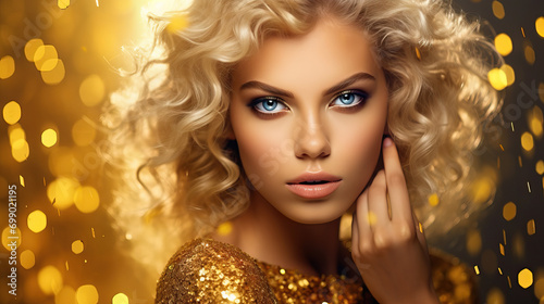 Golden Glitter: Young Woman Sparkling in Festive Dress