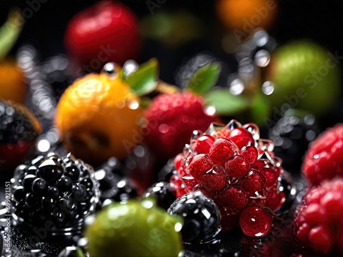 Close up shot of fruits covered with crystal clear water deips