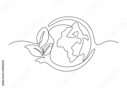Earth is circled by leaves world ozone day continuous single line drawing. Isolated on white background vector illustration. Free vector. 