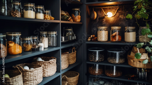 Organization of food storage. Cozy pantry with glass jars and wicker baskets. Light colour palette. Generative AI