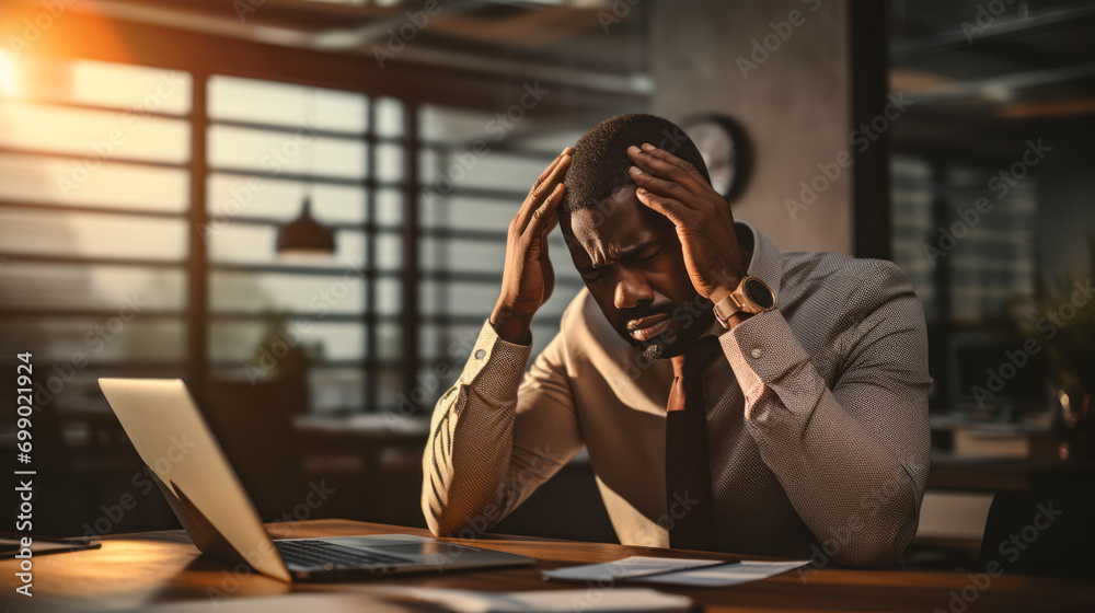 Professional man with headache in office at sunset. Work pressure. Generative AI Professional man with headache in office at sunset. Work pressure. Generative AI