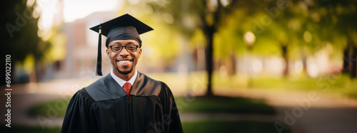 Joyful Black man in graduation gown and cap, university campus background. Academic success concept. Generative AI