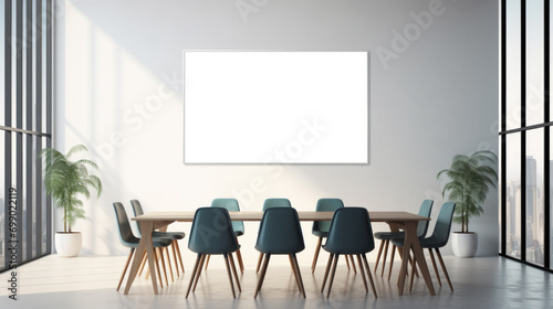 Stylish office meeting room with blank poster frame and natural lighting. Creative workspace concept Generative AI