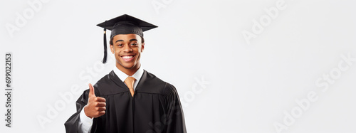 Confident Black graduate giving thumbs up, white backdrop. Encouragement and success concept. Generative AI