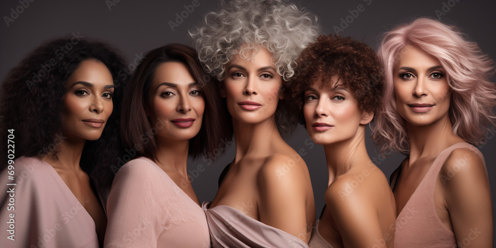 Obraz premium Unity concept: A diverse group of women of all skin tones, hair types posing together. A multiculture group standing together. Neutral colour. Women's day banner.