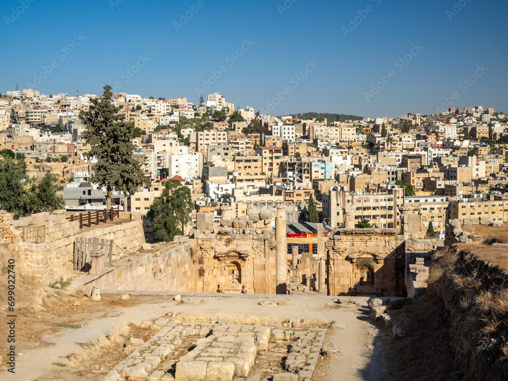 Jerash Greek and Roman city ruins, tourist area and archeological site