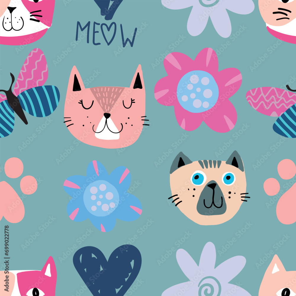 Cute seamless pattern with cats.
kids hand drawn kitty . Pattern for t-shirt, textile, fabric, web, poster, card and other design.