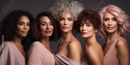 Unity concept: A diverse group of women of all skin tones, hair types posing together. A multiculture group  standing together. Neutral colour. Women\'s day banner.
