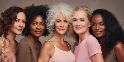 Unity concept: A diverse group of women of all skin tones, hair types posing together. A multiculture group  standing together. Neutral colour. Women's day banner. photo