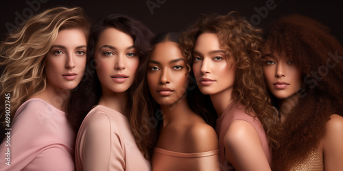 Unity concept: A diverse group of women of all skin tones, hair types posing together. A multiculture group standing together. Neutral colour. Women's day banner.