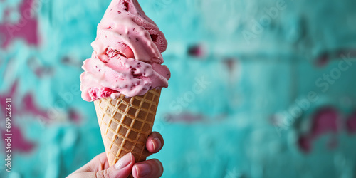 Italian Gelato. Hand Holding Ice Cream in Waffle Cone on Teal Blue Background. Ice-cream Shop Banner with Copy Space.